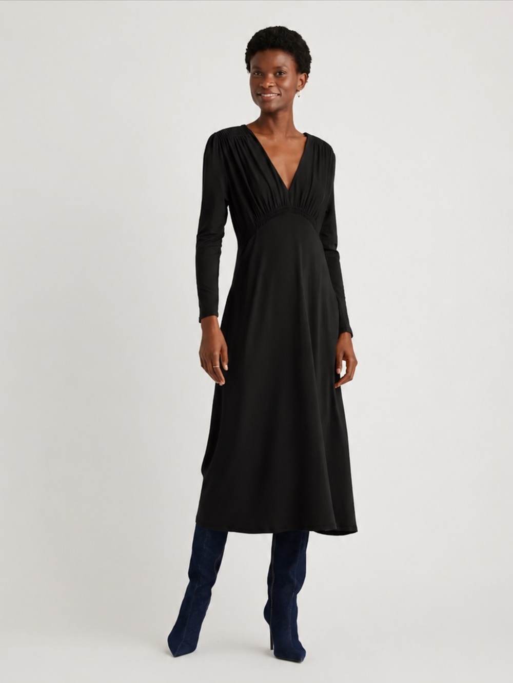 Quince Tencel Jersey V Neck Long Sleeve Midi Dress Black Small Pockets